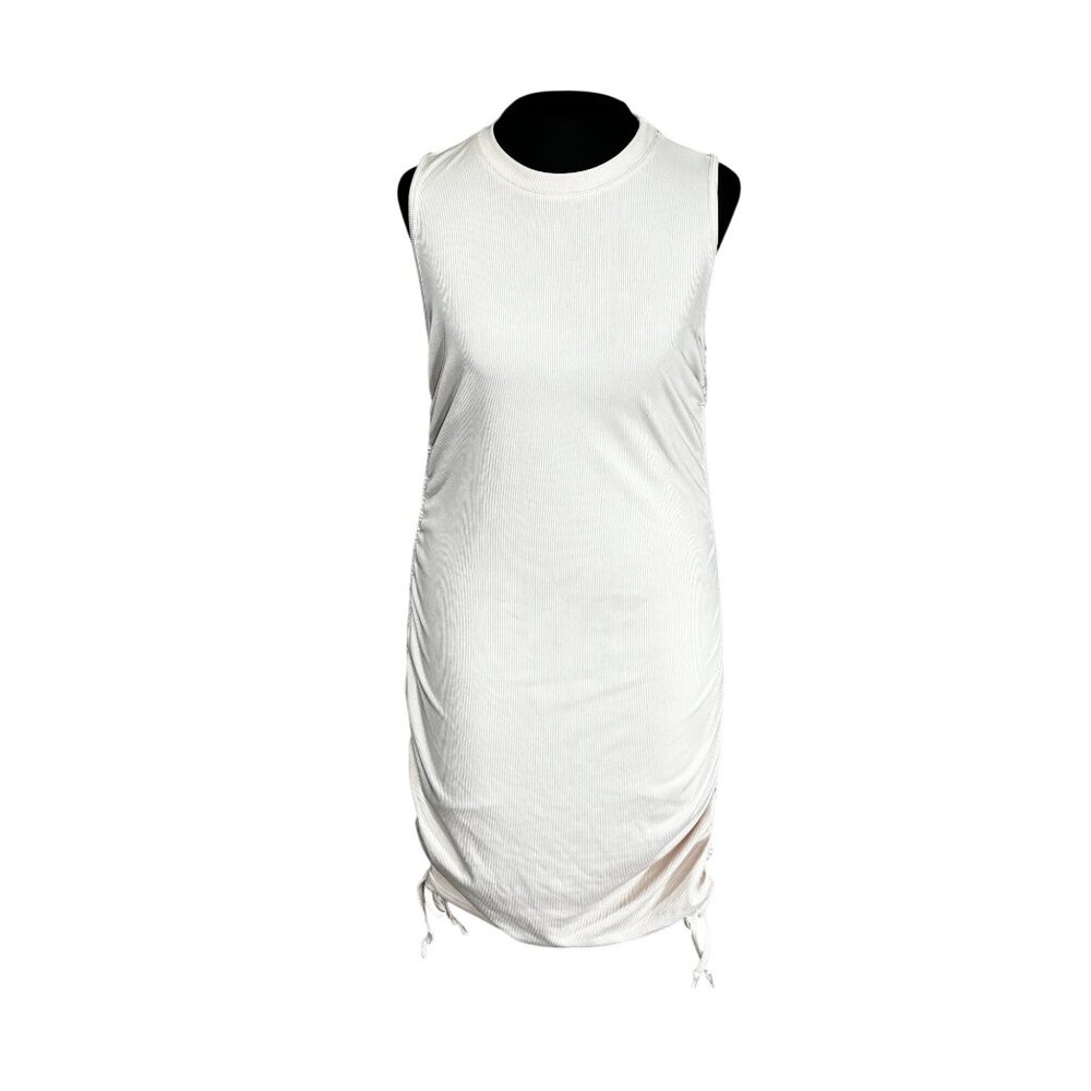Sleeveless Ruched Side Beige Mini Dress With Adjustable Drawstrings